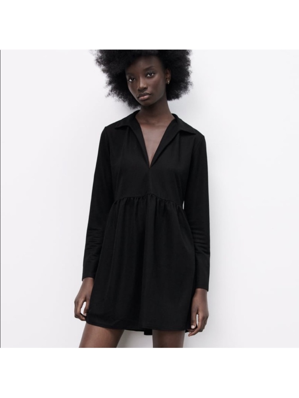 Zara Black V-Neck Collared Babydoll Dress